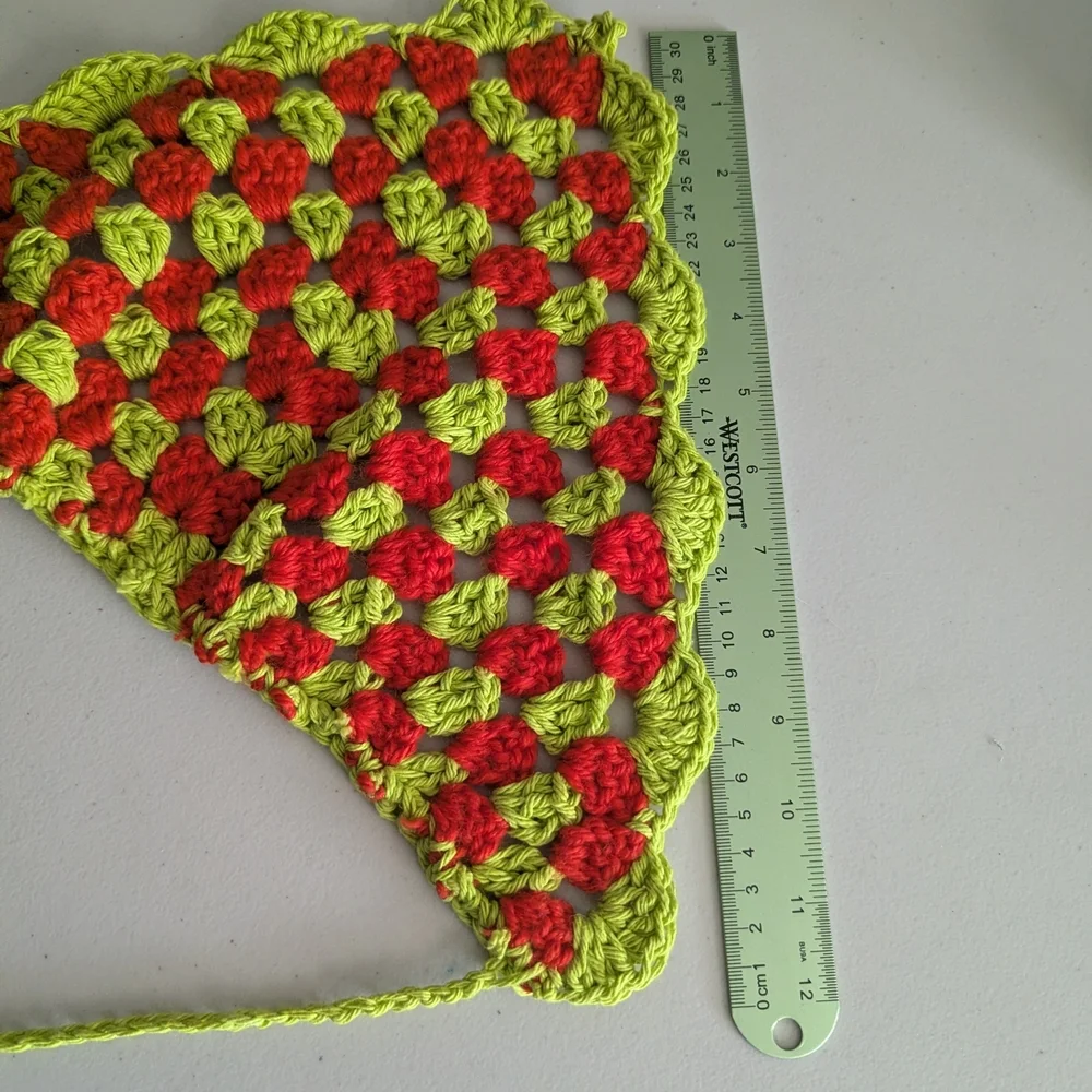 Handmade Crochet Hair Scarf Red Green Boho Head Wrap Tie Bandana